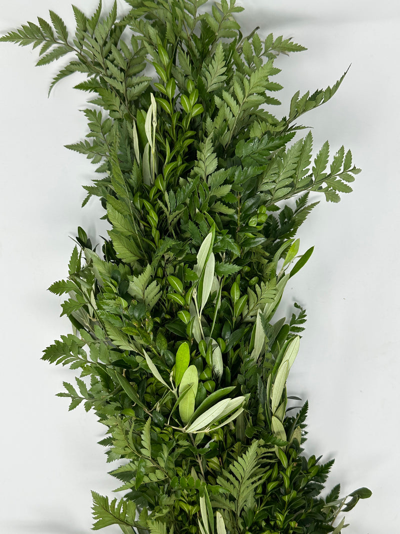 Leather Leaf, Olive, and Boxwood Garland