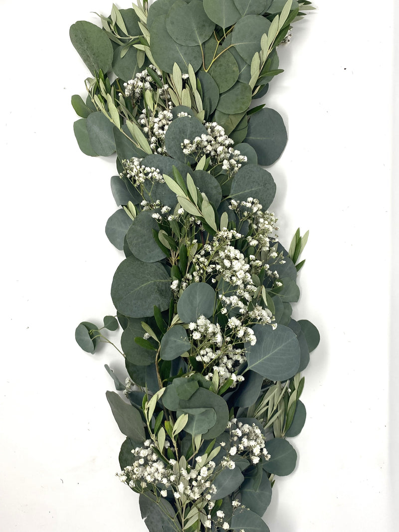 Silver Dollar Eucalyptus, Olive Leaf, and Babys Breath Garland