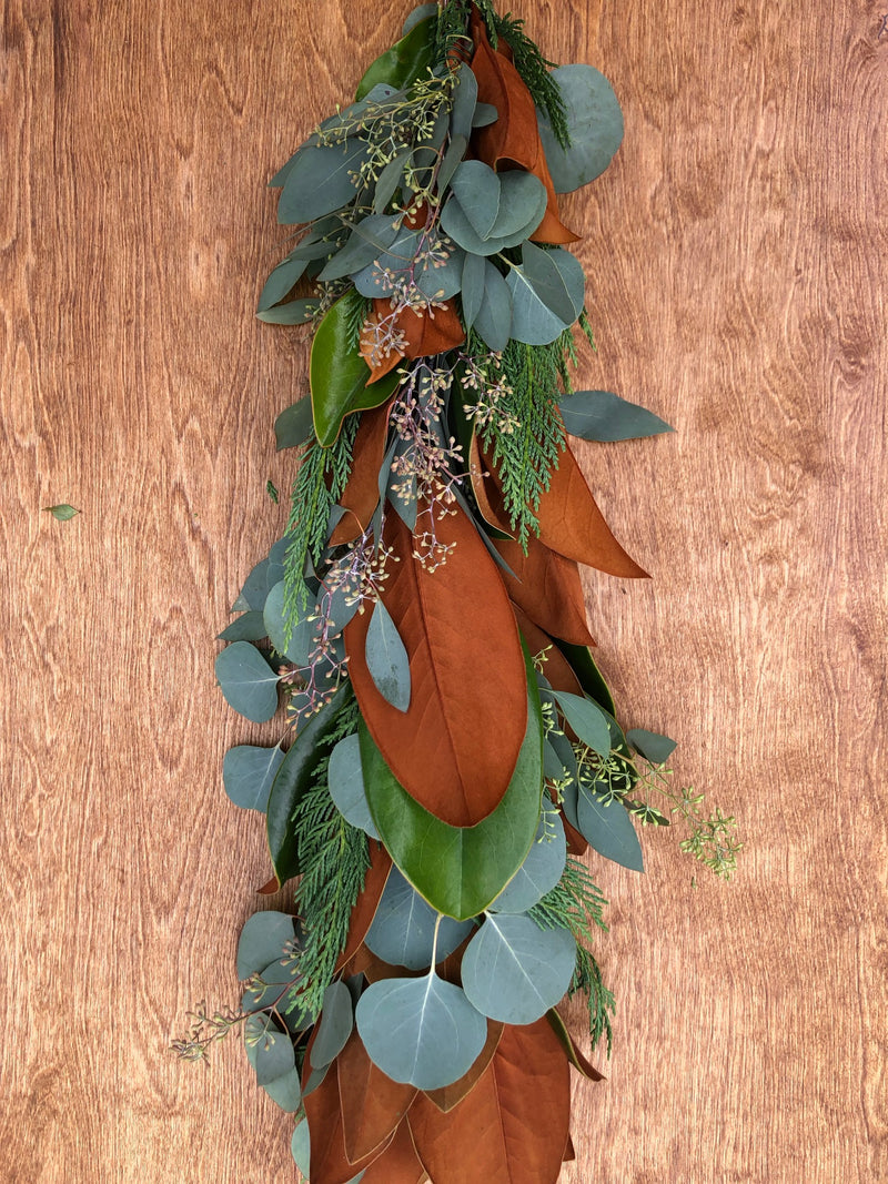 Magnolia, Leyland Cypress, Silver Dollar, Seeded Eucalyptus Garland