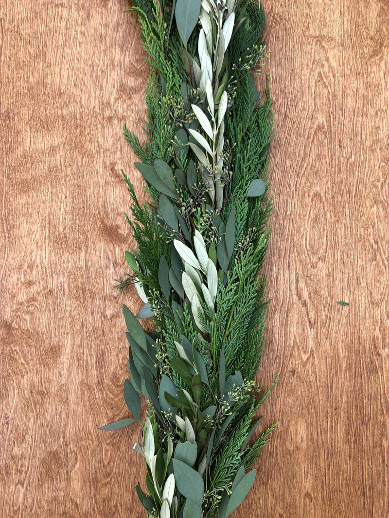 Leyland Cypress, Olive Leaf, and Seeded Eucalyptus Garland