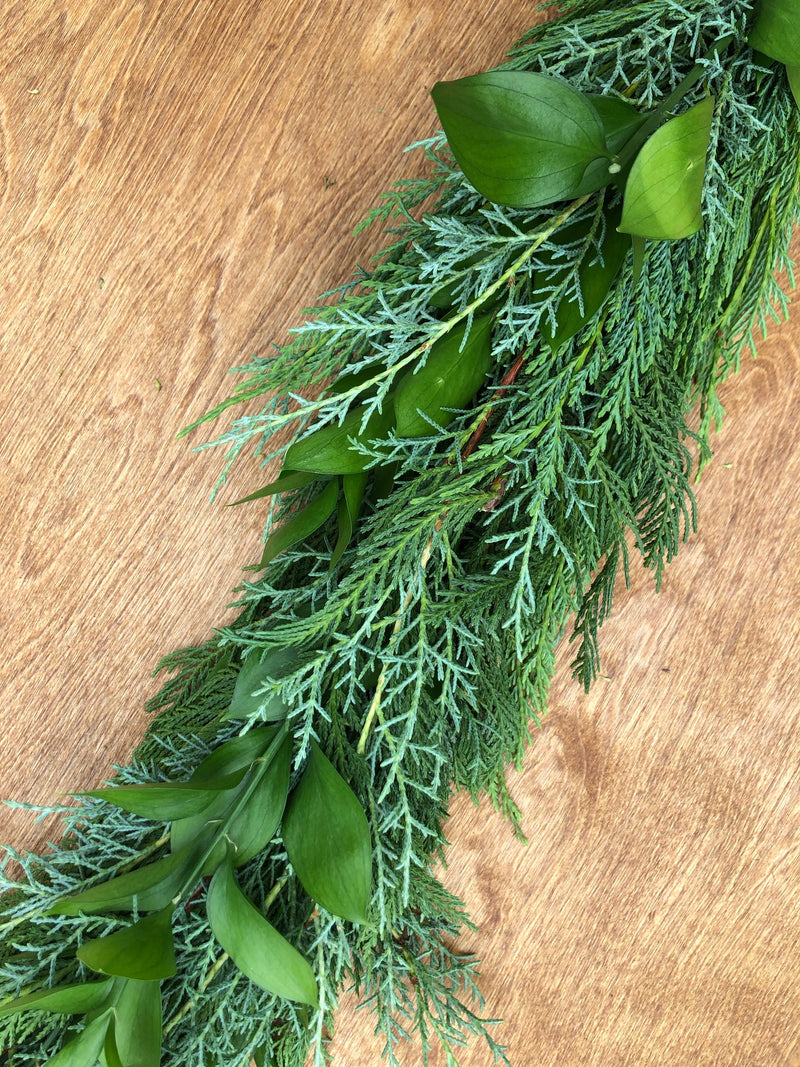 Leyland Cypress, Carolina Sapphire, and Israeli Ruscus Garland