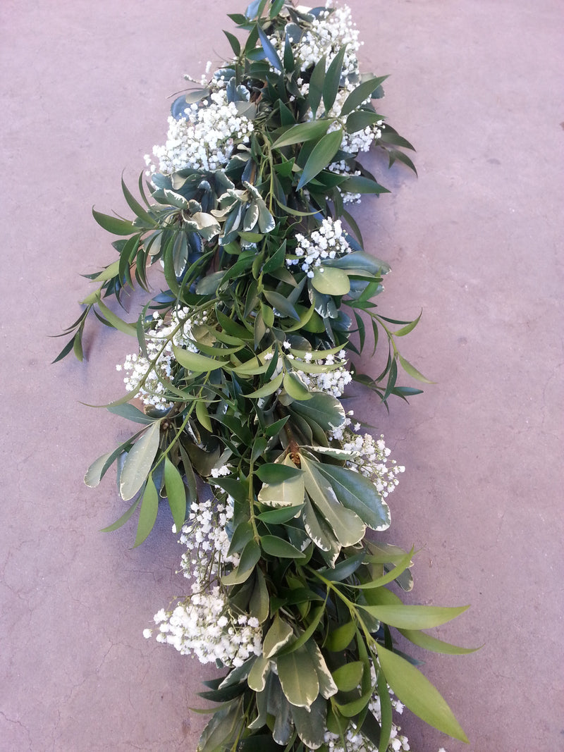 Nagi, Variegated Pitt, and Baby's Breath Garland