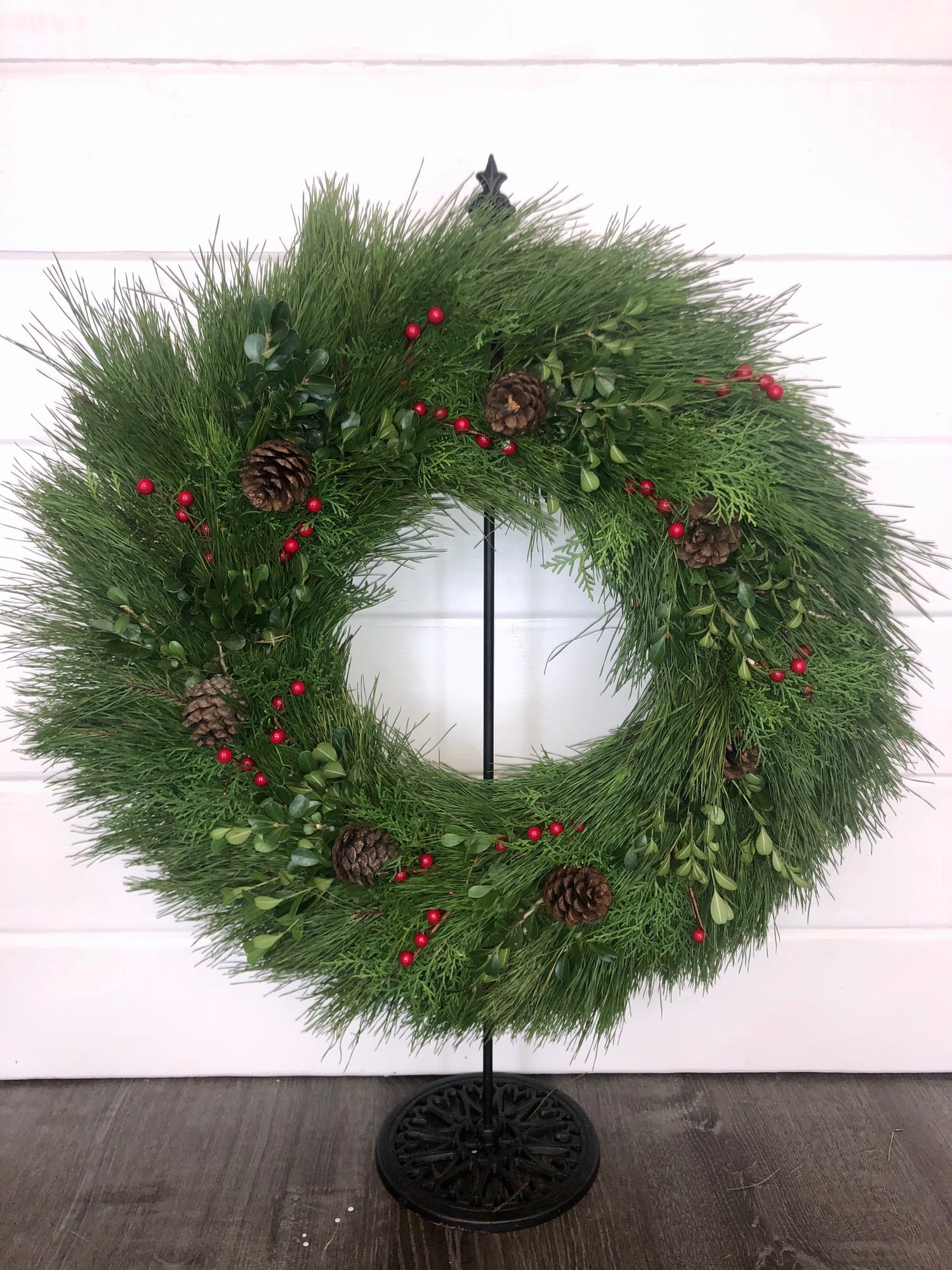 Leyland Cypress, Florida Pine, Boxwood, and Red Berries Wreath