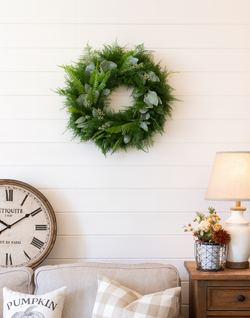 Silver Dollar, Seeded Eucalyptus, Sword Fern, and Plumosus Fern Wreath