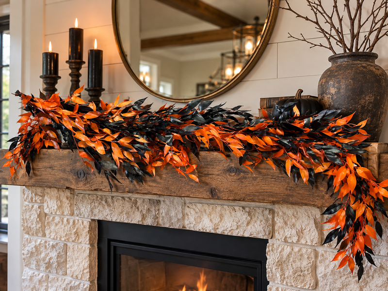 Fresh Orange & Black Italian Ruscus Garland | Halloween Garland & Fall Decor