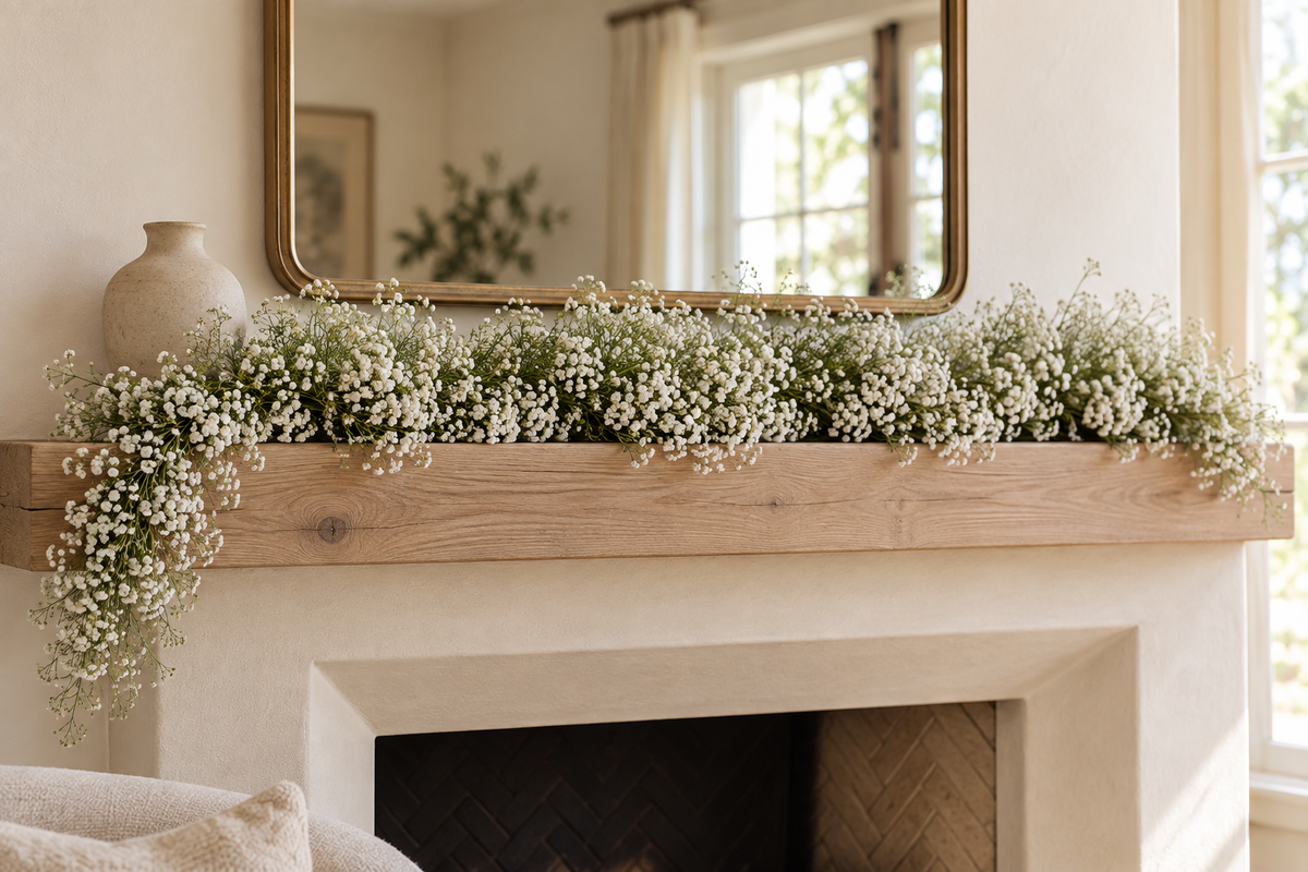 An airy flourish above the hearth.