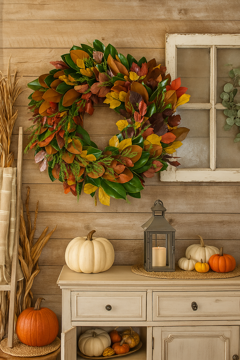 24" Magnolia + Copper Beech & Grevillea Fall Wreath – Handcrafted Designer Autumn Decor (TK)
