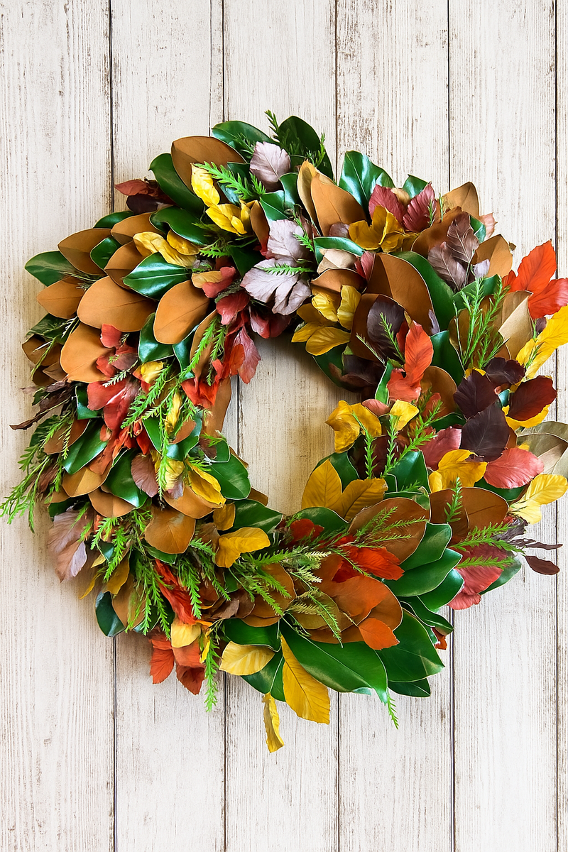 24" Magnolia + Copper Beech & Grevillea Fall Wreath – Handcrafted Designer Autumn Decor (TK)