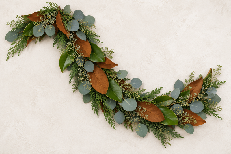 Magnolia, Leyland Cypress, Silver Dollar, Seeded Eucalyptus Garland