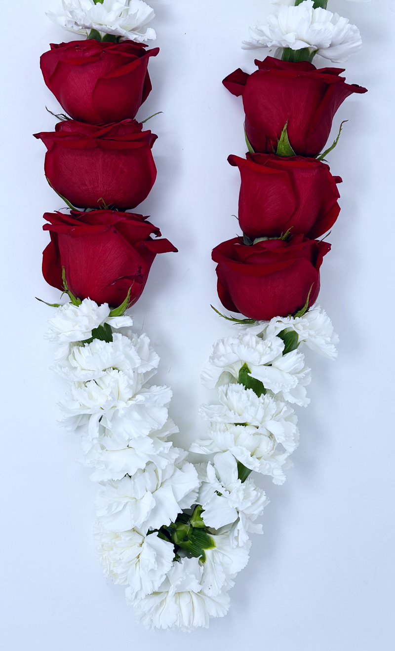 Red Freedom Rose, White Playa Blanca Rose & White Carnation- Flower Garland & Mala