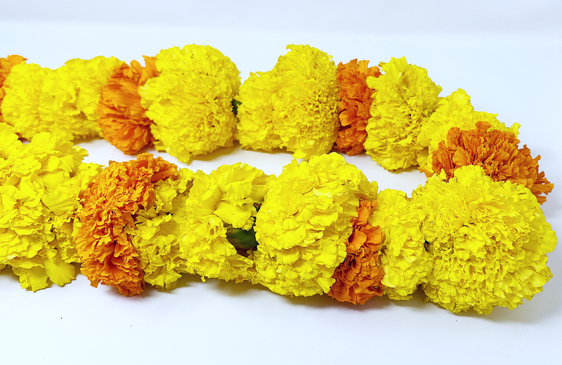 Gorgeous Yellow Marigolds Blended with Orange Marigolds- Traditional Flower Garland Used for Mala & Lei