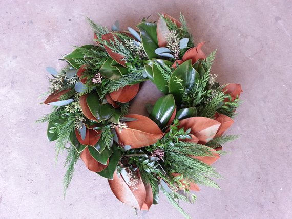 Magnolia, Boxwood, Seeded Eucalyptus, and Leyland Cypress Wreath