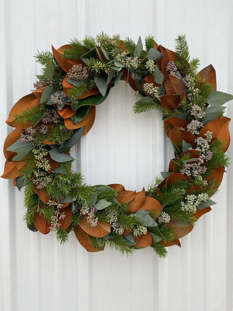 Magnolia, Fir, and Seeded Eucalyptus Wreath