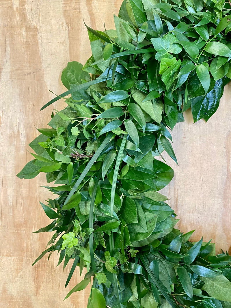 Salal, Italian Ruscus, Green Ivy, and Lilly Grass Wreath