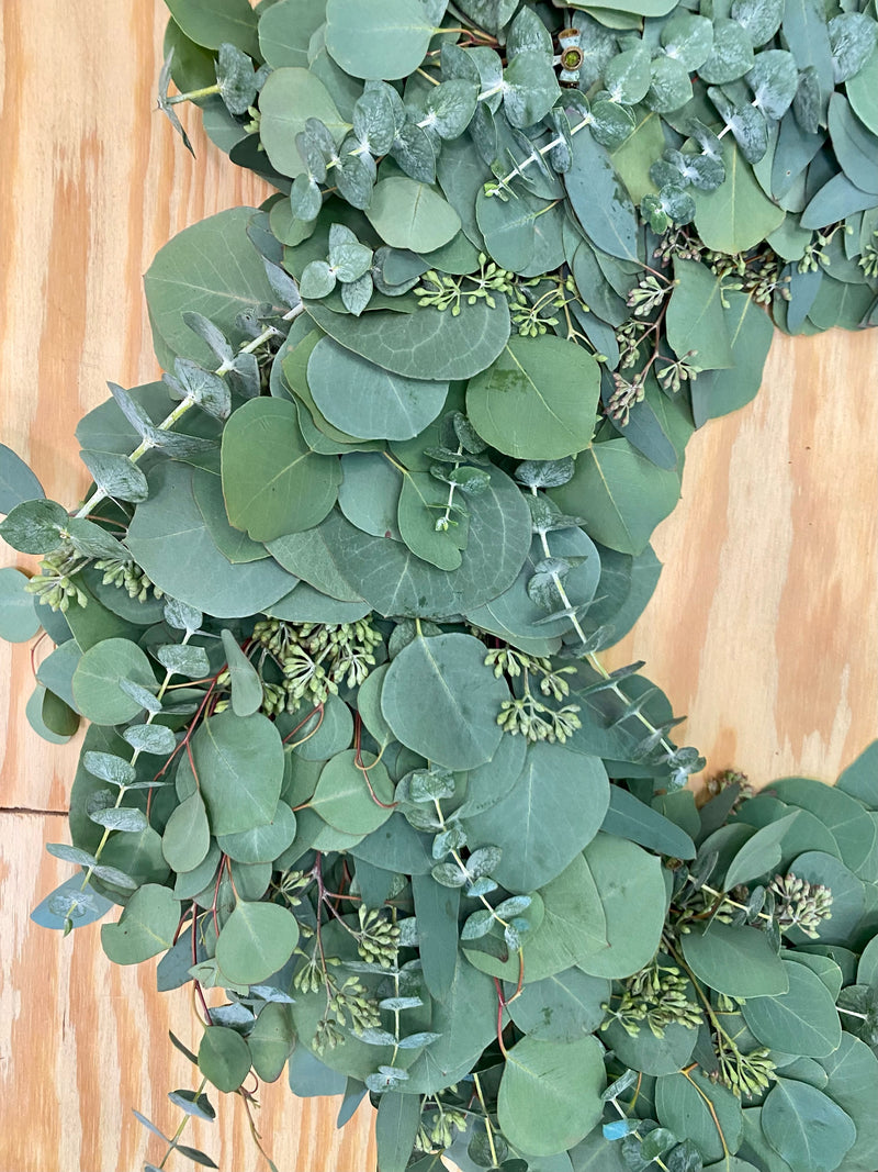 Baby Blue, Silver Dollar, and Seeded Eucalyptus Wreath