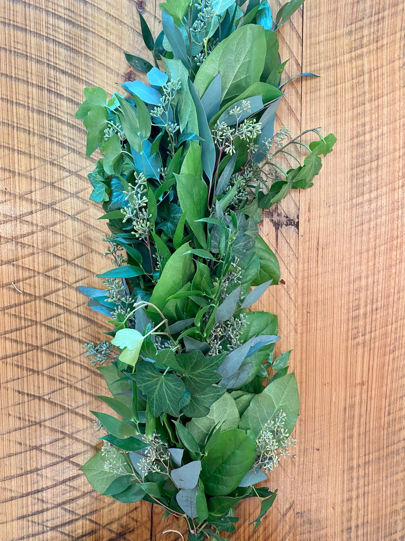 Salal, Italian Ruscus, Green Ivy, and Seeded Eucalyptus Garland